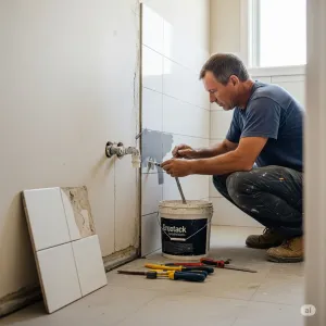 Licensed bathroom renovator tiling a bathroom wall in Mosman.