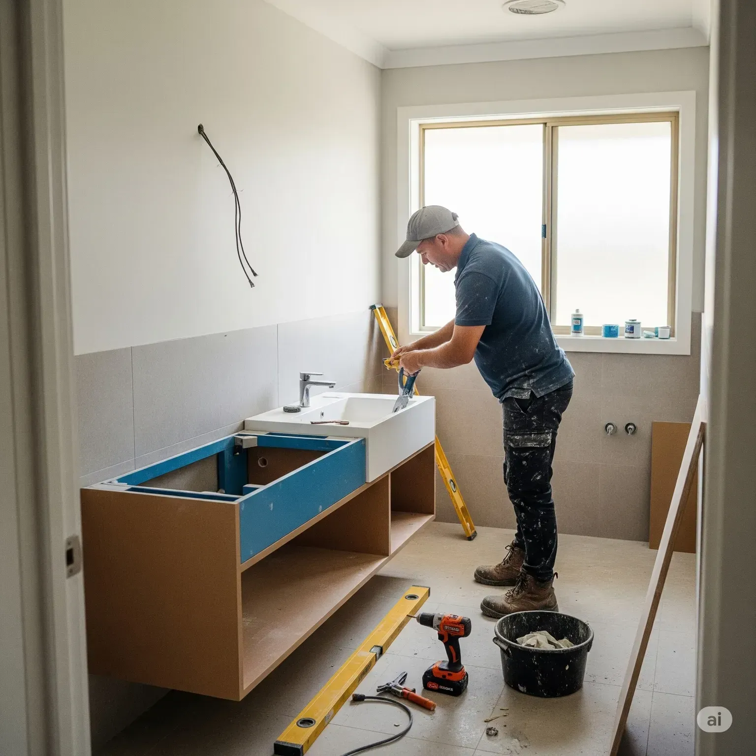 Bathroom renovators are installing a vanity unit in a Mosman home with natural light.