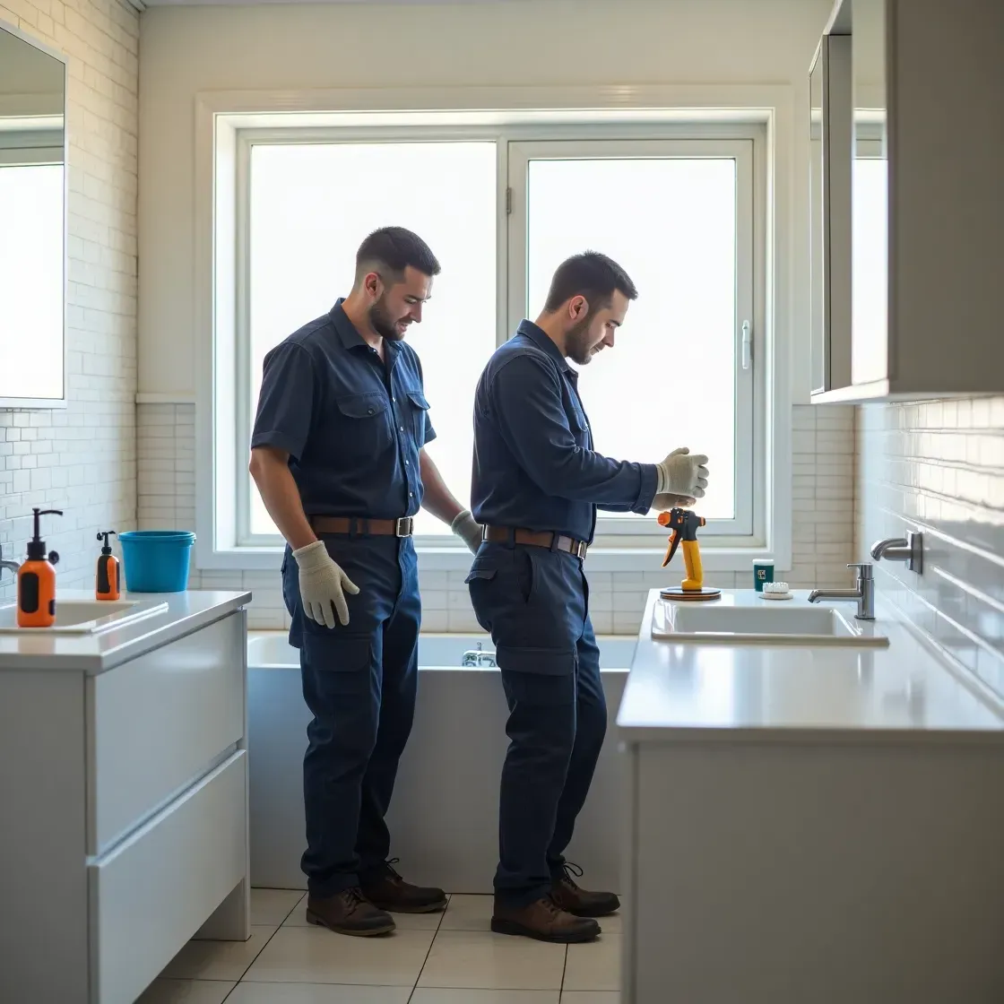 Two bathroom renovators installing a new vanity unit in a Mosman home, part of a full bathroom renovation project.