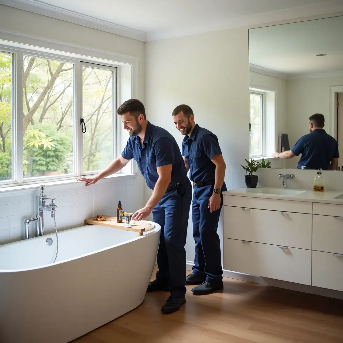 Freestanding bath being positioned by our team in Mosman