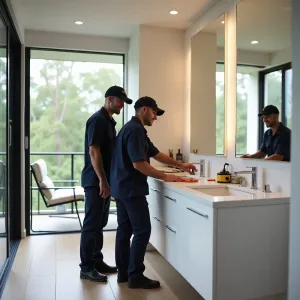 Dual-sink vanity installation in a bright bathroom in Neutral Bay.
