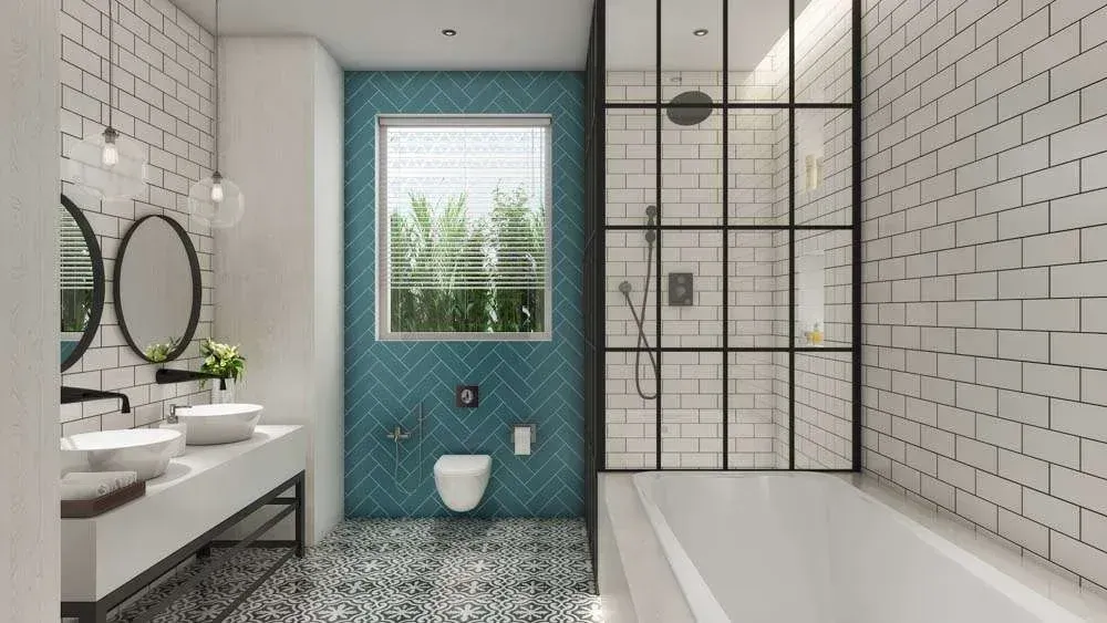 Contemporary bathroom in Northbridge featuring a walk-in shower, mosaic floor tiles, and round mirrors above twin vanities.