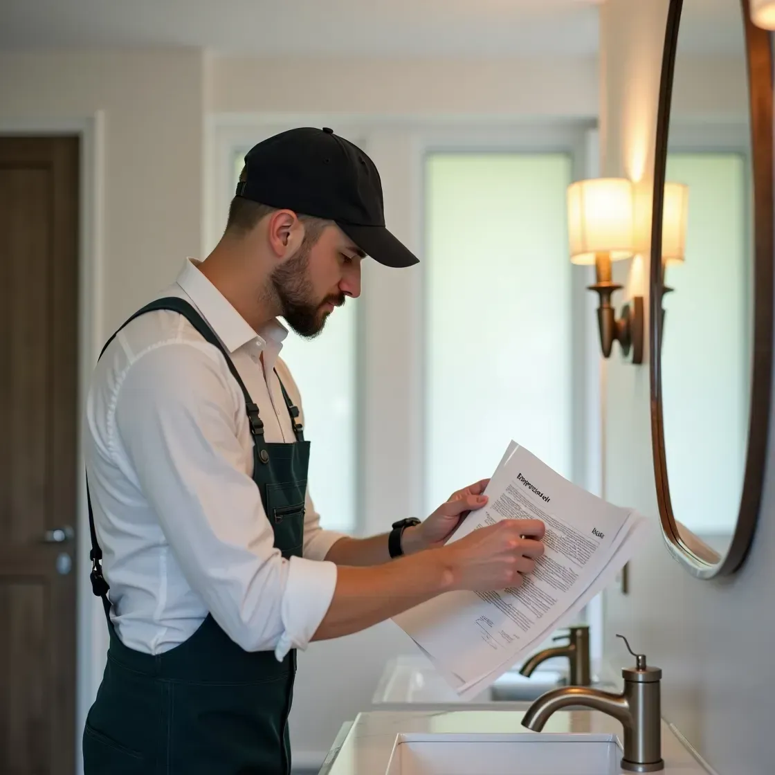 Bathroom renovation team reviewing plans beside the vanity in Neutral Bay.