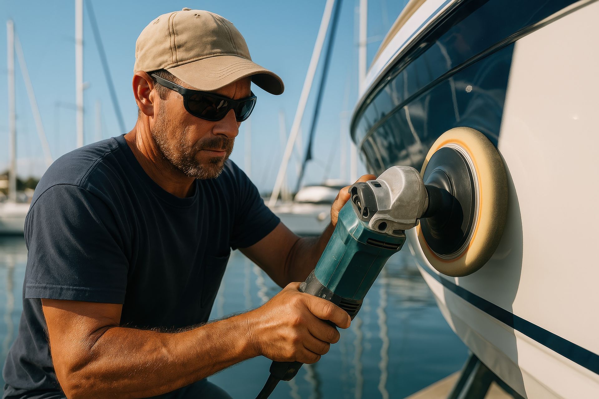 A man is polishing a boat with a machine.