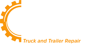 a logo for Emergency truck and trailer repair with an orange gear and white semi graphic
