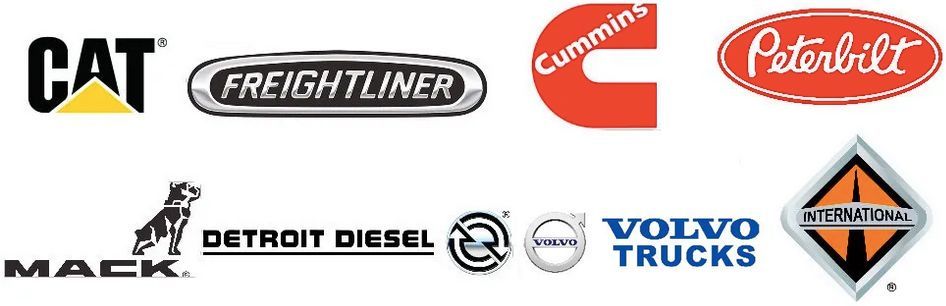 a bunch of logos on a white background including cat freightliner peterbilt and volvo trucks