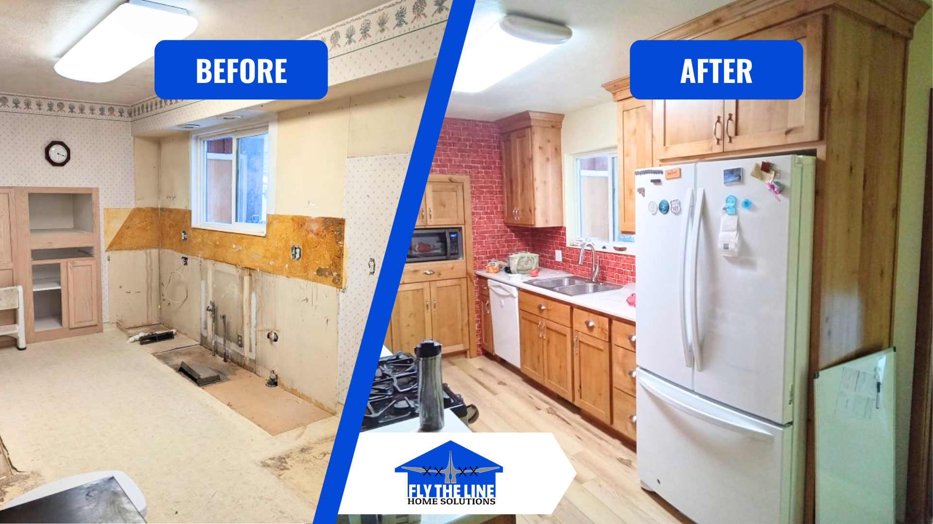 Comparison of a kitchen before and after renovation, with new cabinets, appliances, and walls.