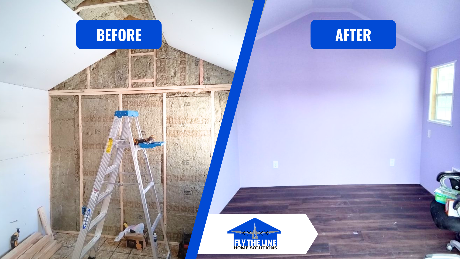 Renovation comparison: unfinished wall with insulation before and painted purple room with wood floor after.