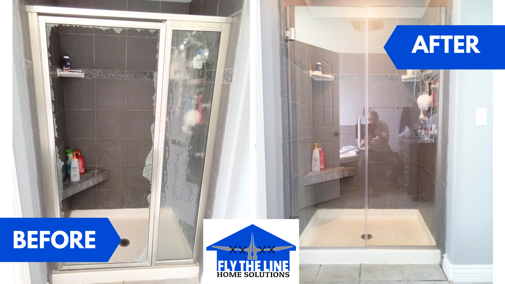Bathroom shower renovation before and after: old sliding door replaced with frameless glass door.