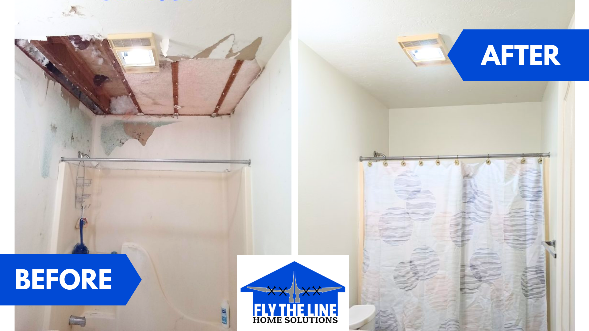 Bathroom ceiling before and after repair. Damaged ceiling with exposed beams transformed to a smooth, finished surface.