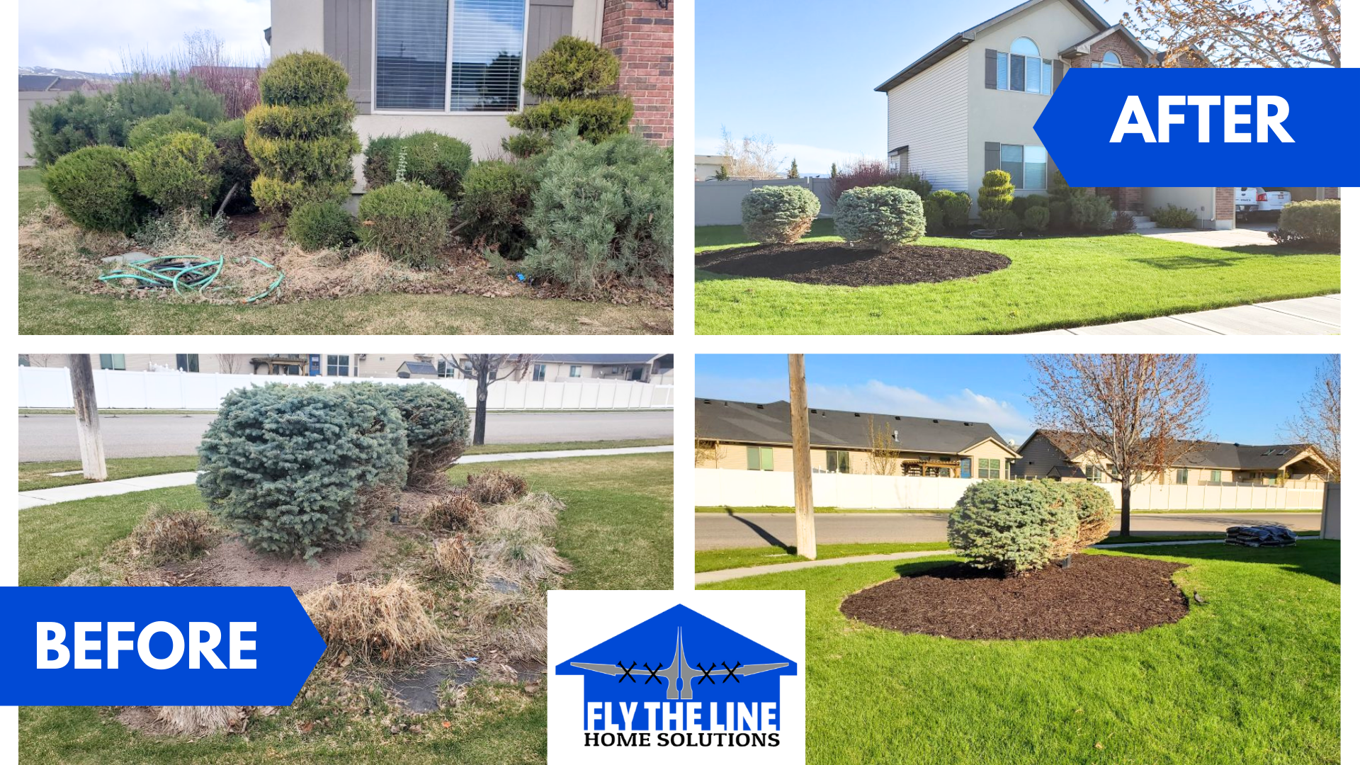 Before and after comparison of house landscaping, showing overgrown bushes replaced with trimmed bushes and mulch.