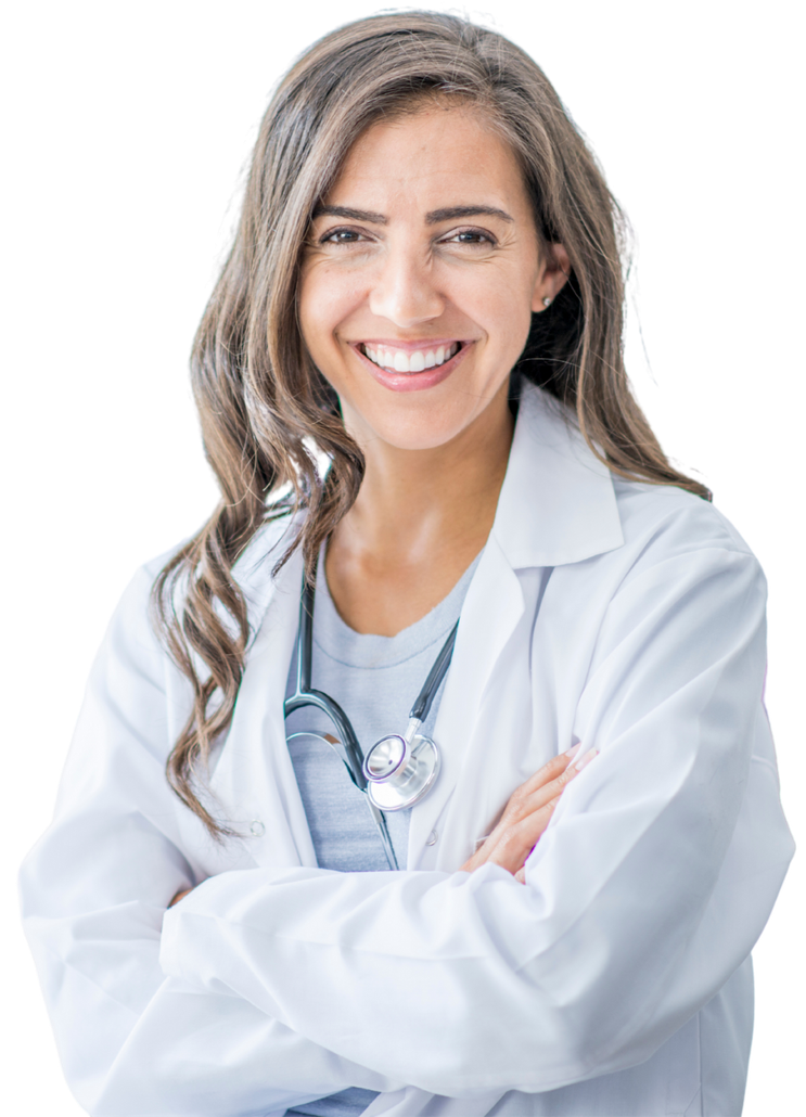 A female doctor with a stethoscope around her neck is smiling with her arms crossed.
