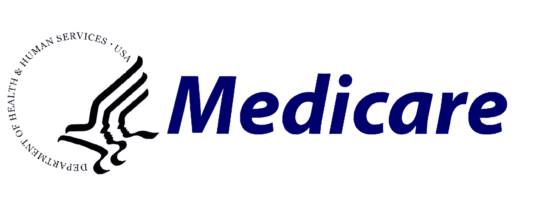 A blue and white medicare logo on a white background