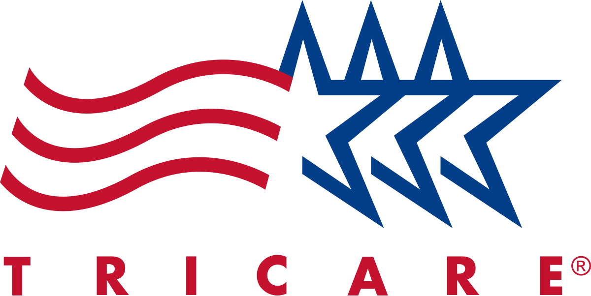 A red white and blue logo for tric care