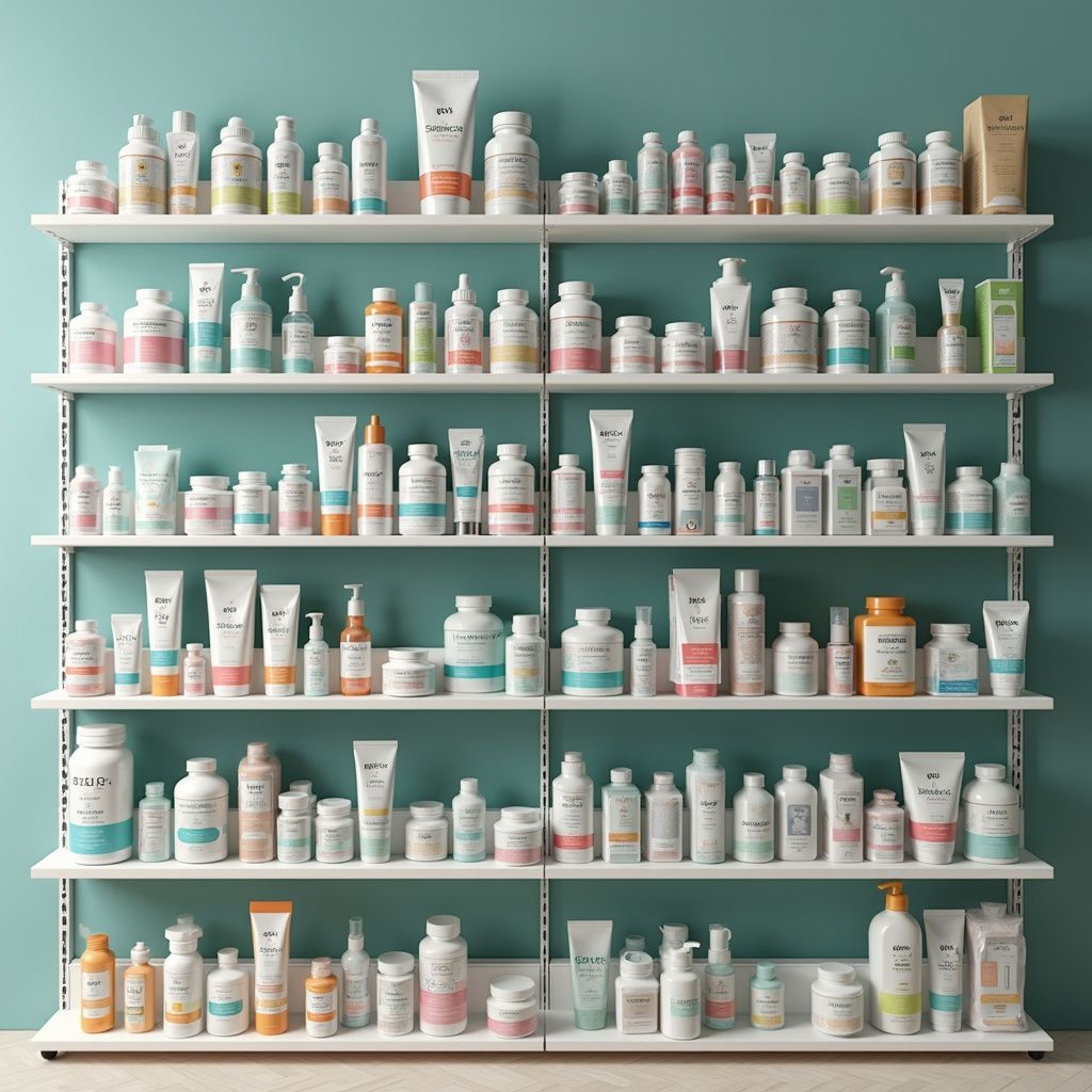 Planken met diverse cosmetische producten, waaronder flesjes, tubes en potten, in een lichtblauwe opstelling.