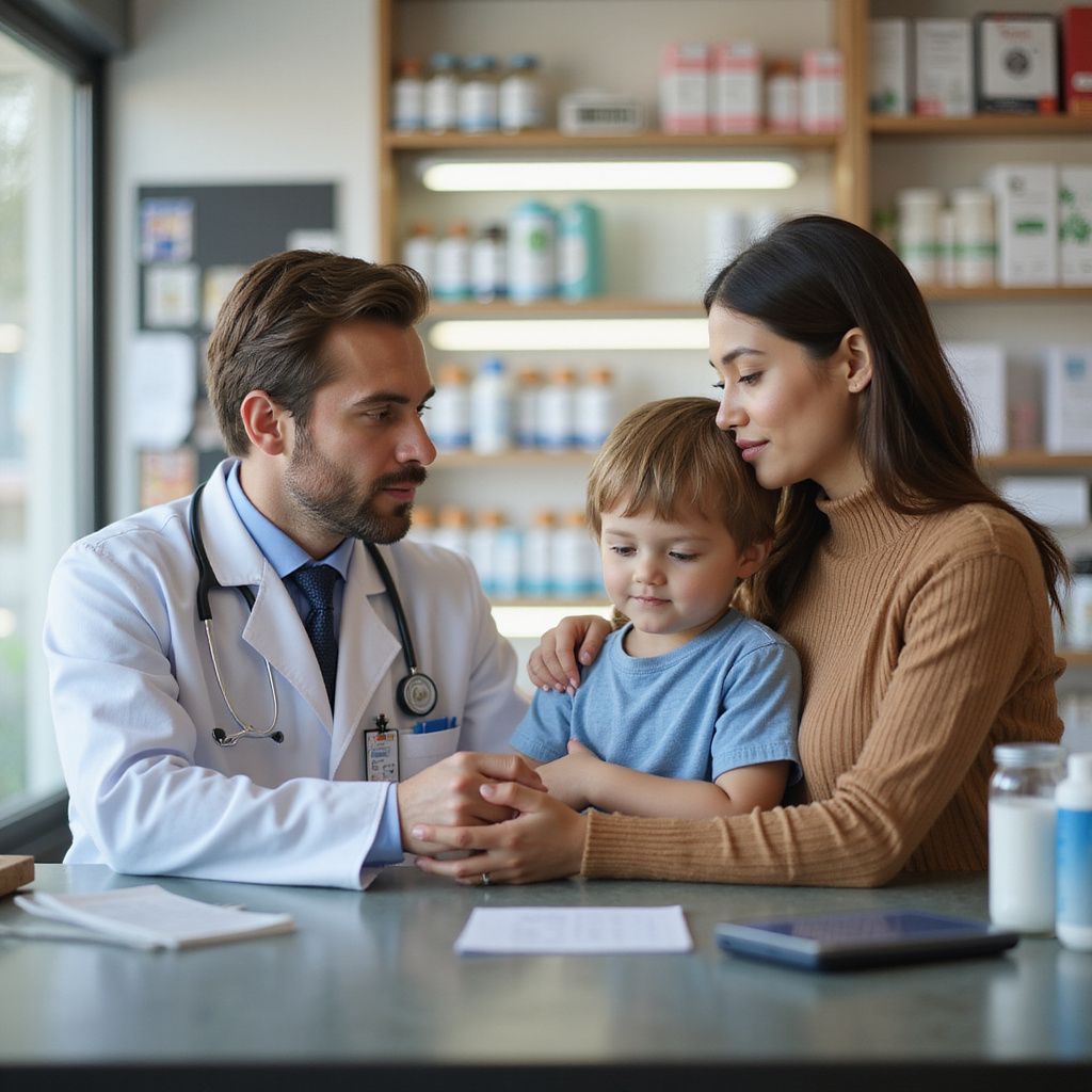 Een arts onderzoekt een kind met zijn moeder in een apotheek. De arts en de moeder bekijken het kind.