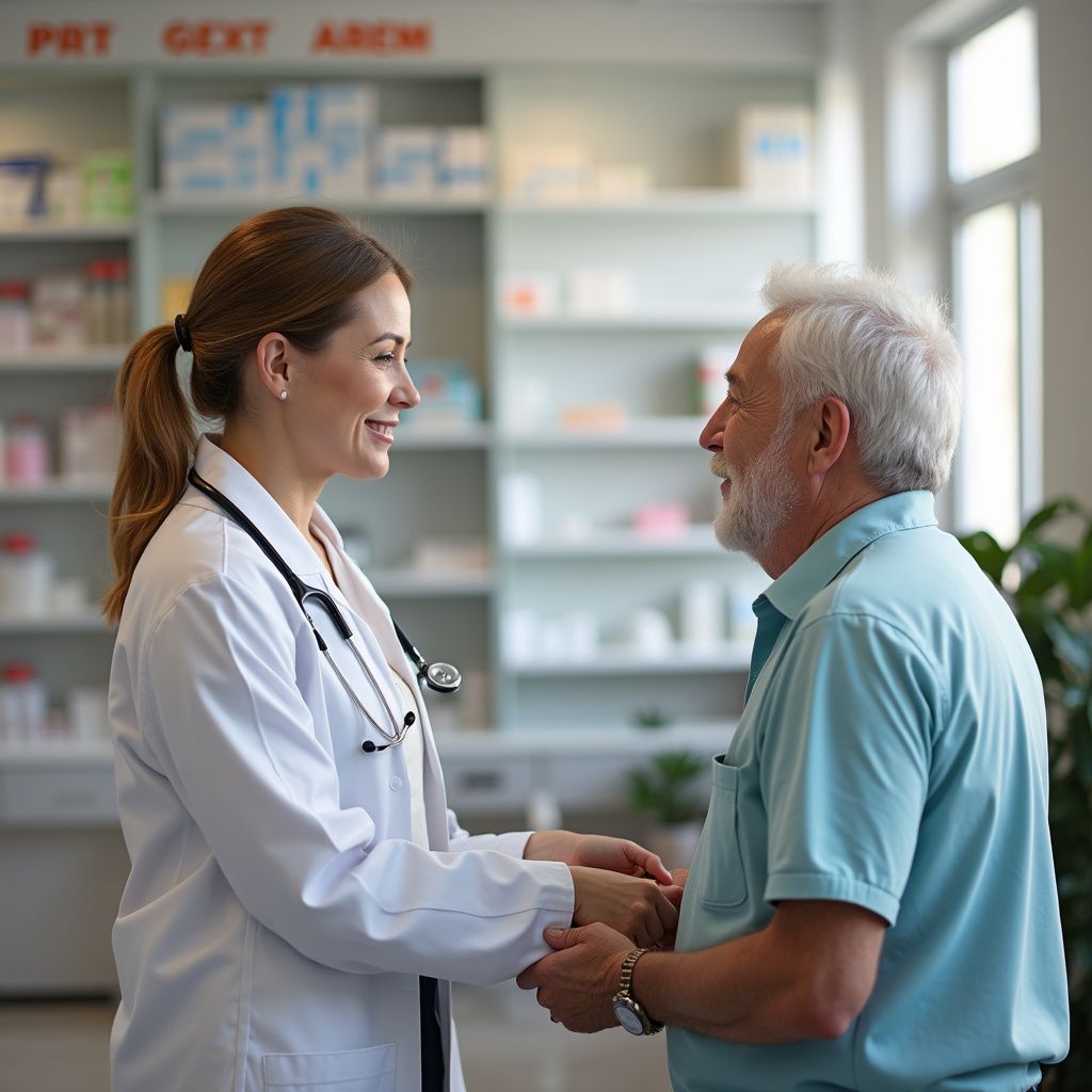 Een vrouwelijke apotheker met een stethoscoop schudt de hand van een glimlachende oudere man in een apotheek.