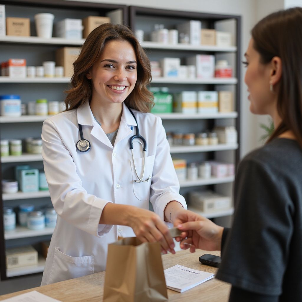 Een apotheker overhandigt een medicijntas aan een klant bij de apotheekbalie. Hij lacht, en op de achtergrond staan ​​schappen vol met medicijnen.