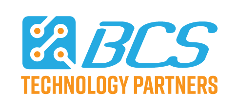 The logo for bcs technology partners is blue and orange.