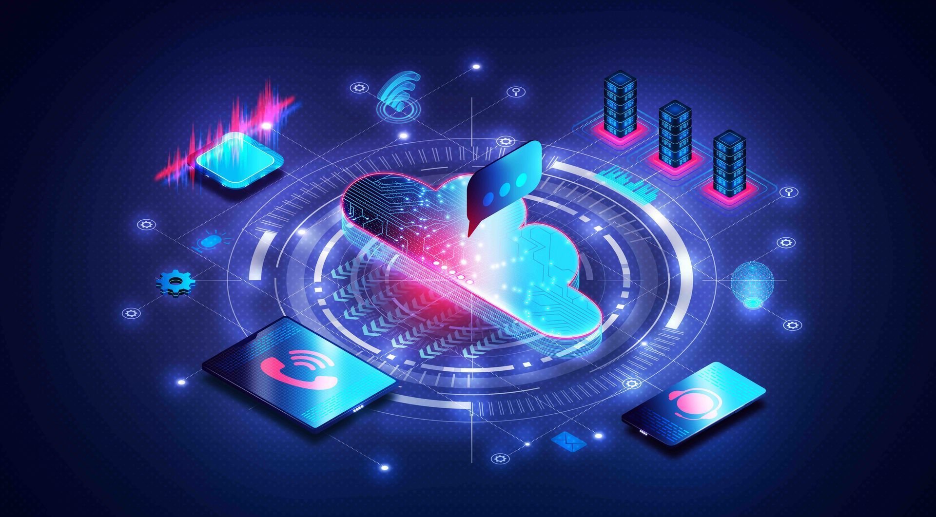 An isometric illustration of a cloud connected to a phone.