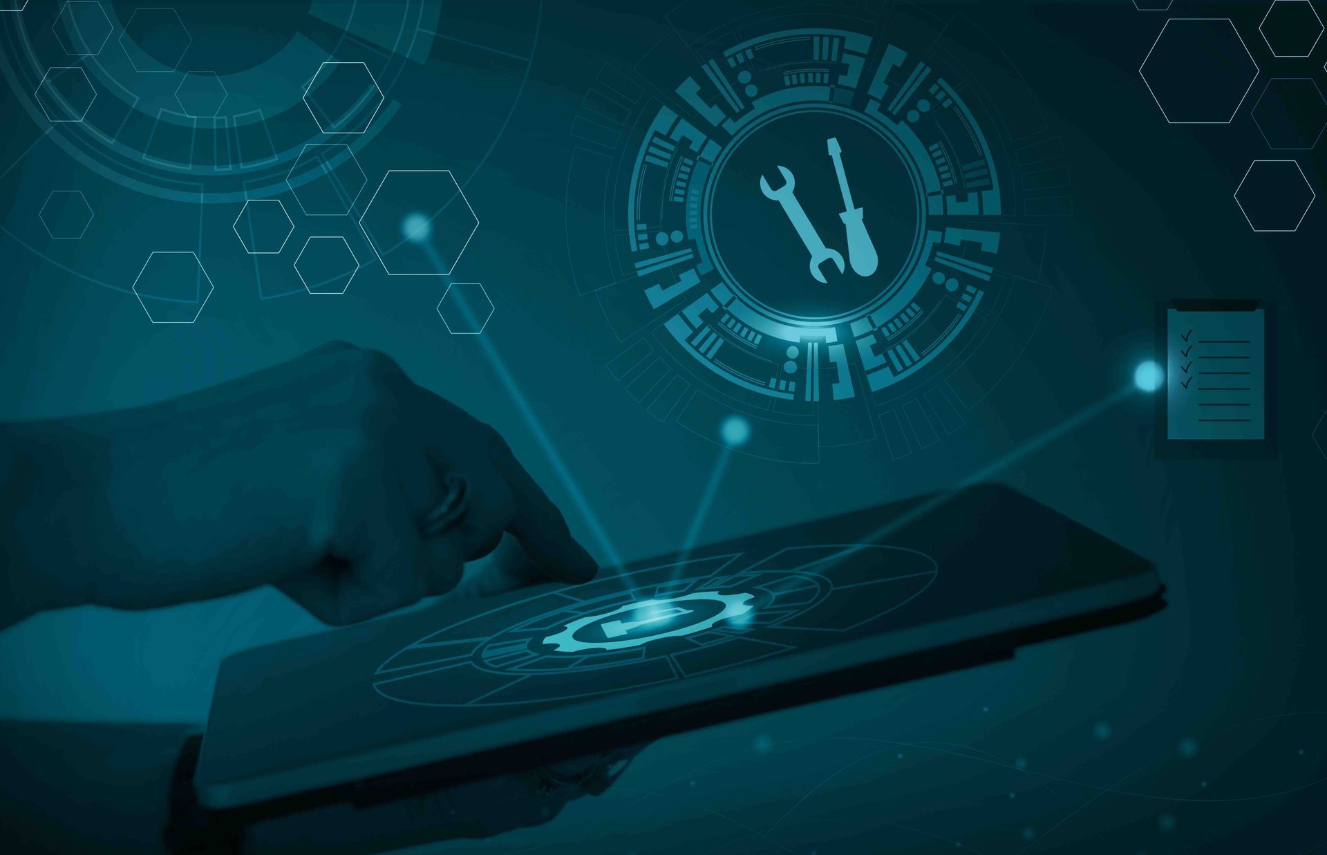 A person is holding a tablet with a wrench icon on it.