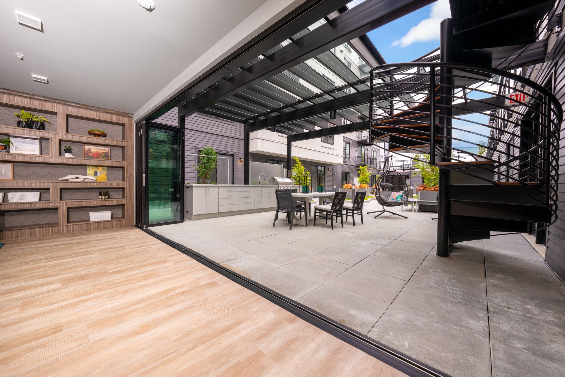 outdoor seating with spiral staircase