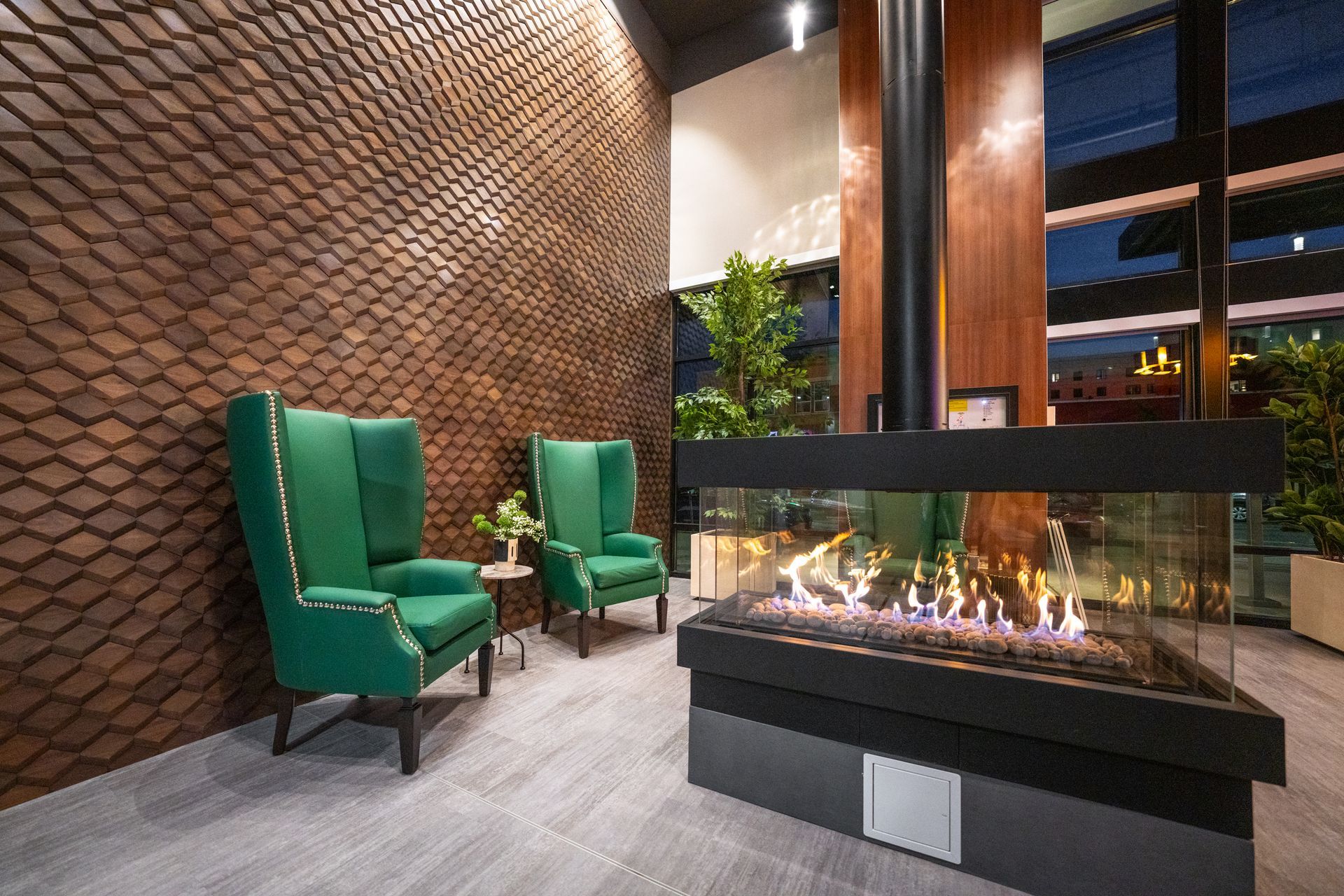 chairs by indoor fireplace