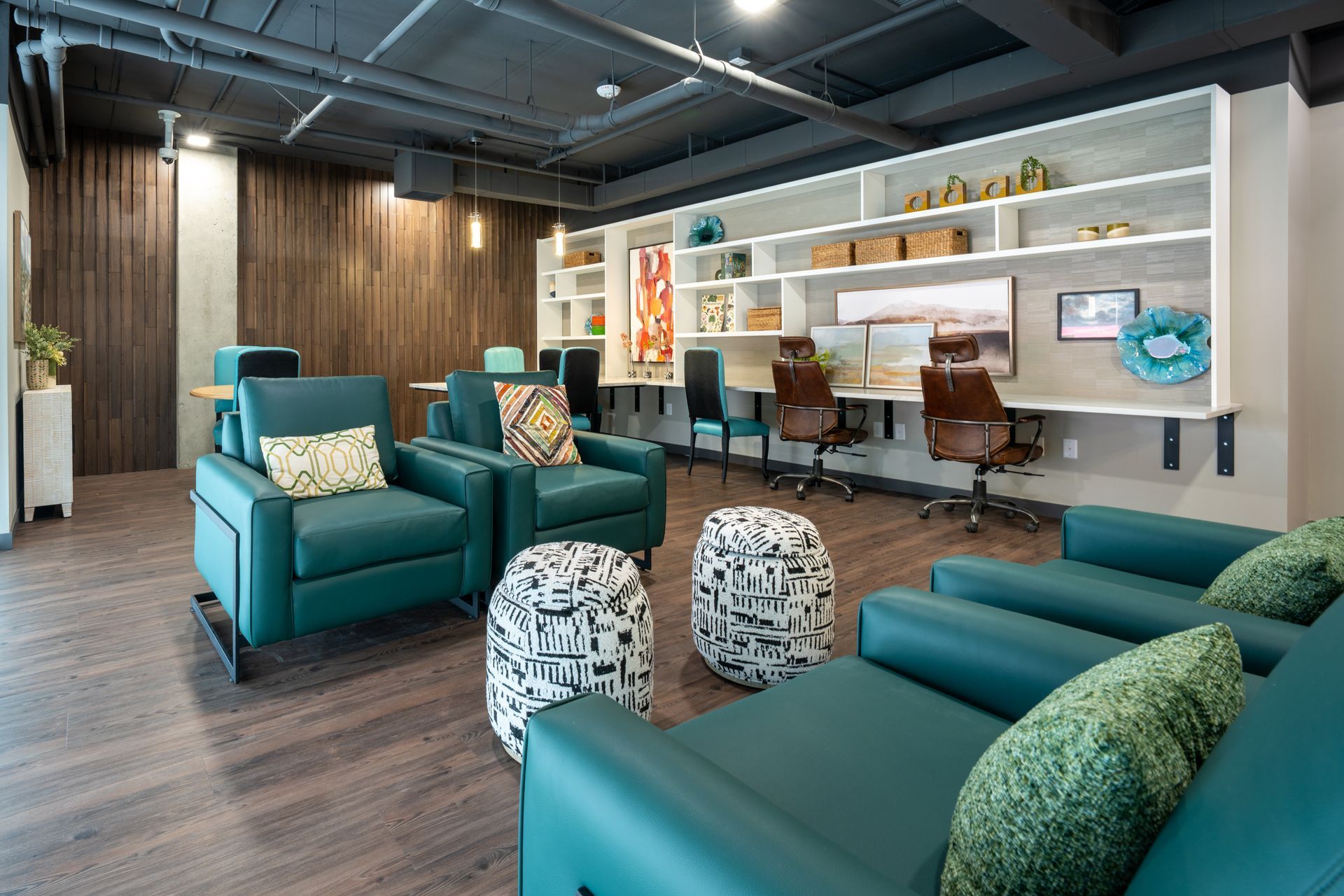 work area with seating and desks