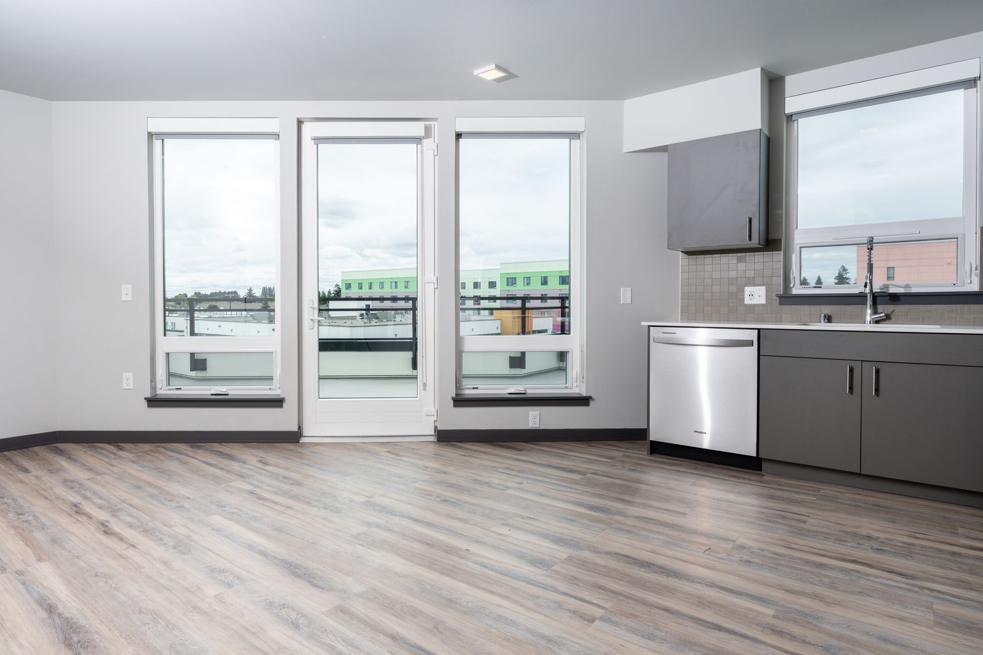 kitchen with balcony and gray cabinets