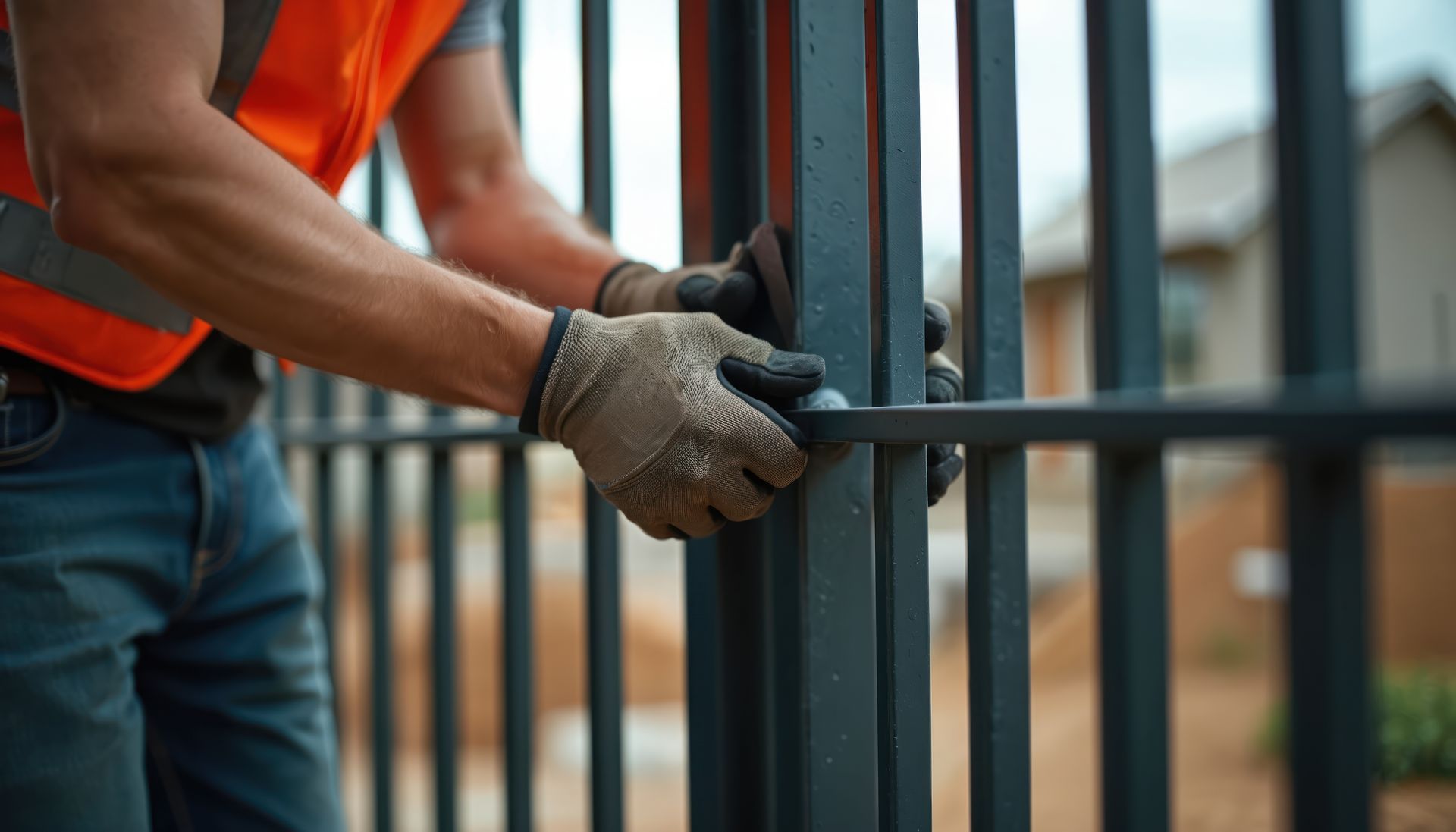 Worker securing metal fence panels while wearing gloves and safety gear. Worker securing metal fence panels while wearing gloves and safety gear.