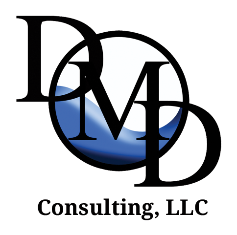DMD Consulting, LLC logo with black letters over a blue globe.