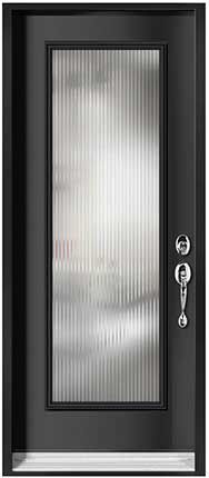 A black door with a clear glass window and a key lock.