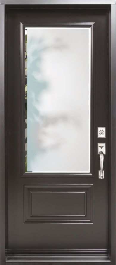 A black door with a clear glass window