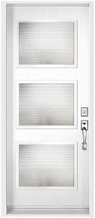 A white door with three windows and a handle on a white background.