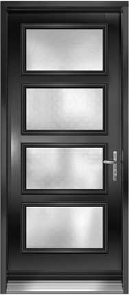 A black door with four square windows and a handle on a white background.