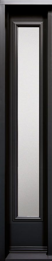 A close up of a black door with a clear glass window.