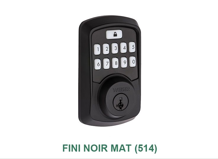 Une serrure de porte noire avec un clavier numérique sur fond blanc.