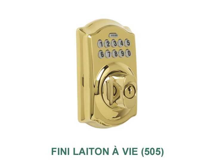 Une photo d'une serrure de porte en laiton sur laquelle est écrit fini laiton à vie ( 505 )