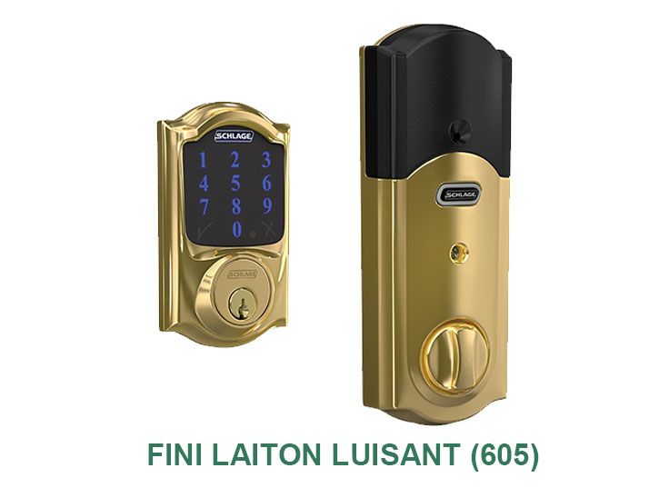 Une serrure de porte dorée avec une poignée noire et un clavier.