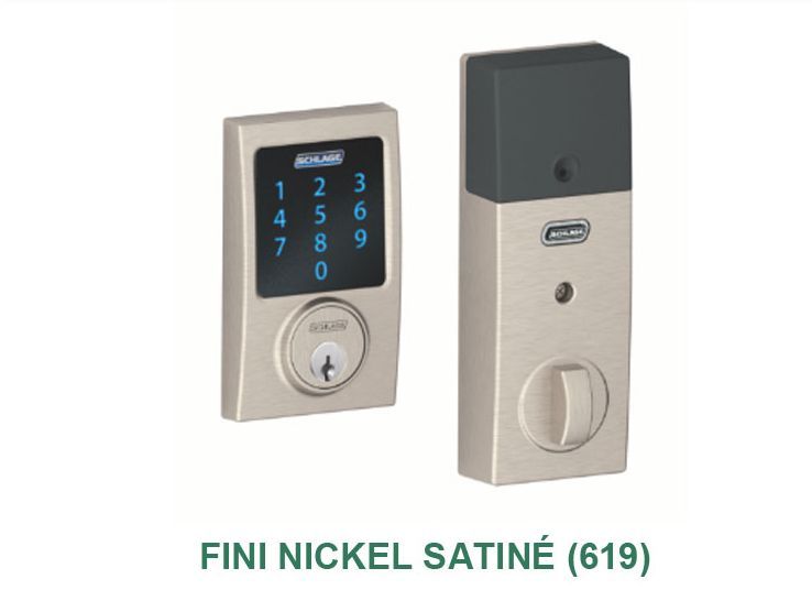 Une photo d'une serrure de porte numérique en nickel satiné.