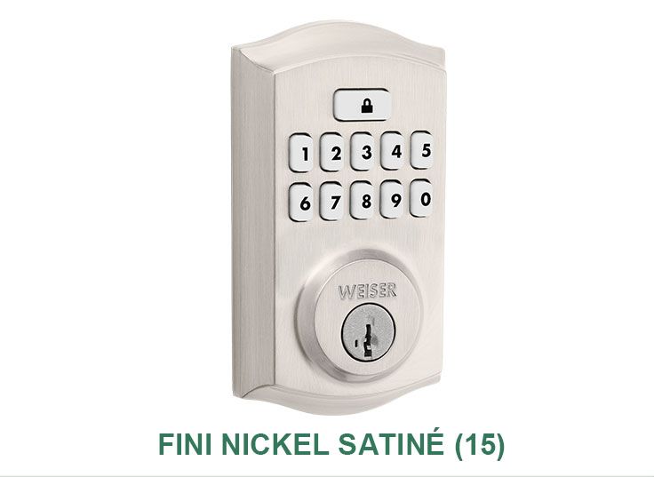 Une photo d'une serrure à clavier avec les mots fini nickel satiné ( 15 ) en dessous