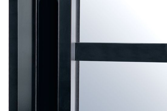 A close up of a glass door with a black frame on a white background.