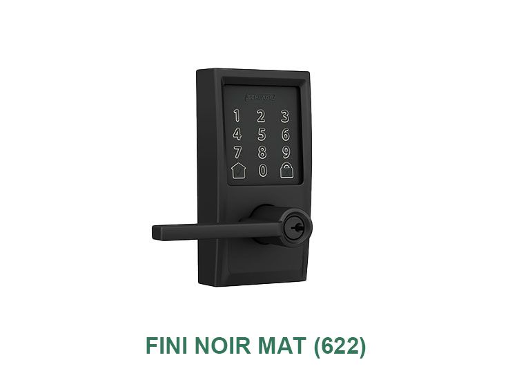 Une serrure de porte noire avec une poignée et une clé sur fond blanc.