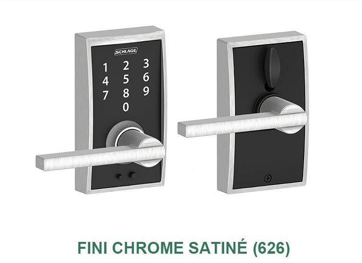 Une photo d'une serrure de porte numérique en chrome satiné.