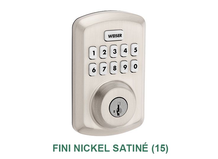 Une serrure de porte en acier inoxydable avec les mots fini nickel satiné ( 15 ) en dessous