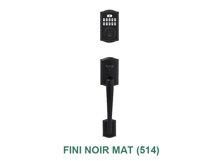 Une serrure de porte noire avec une télécommande sur fond blanc.