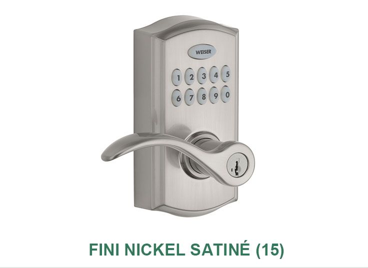 Une serrure de porte en acier inoxydable avec les mots fini nickel satiné ( 15 ) en dessous