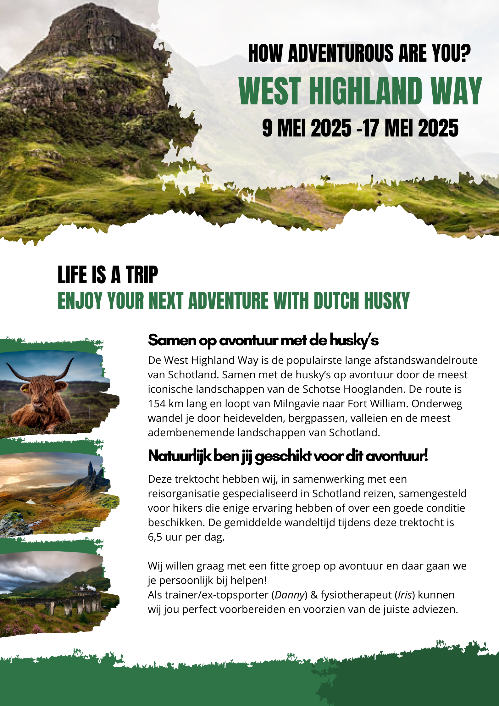 Poster: Avontuur op de West Highland Way. Groene tekst en afbeeldingen op een landschapsachtergrond.