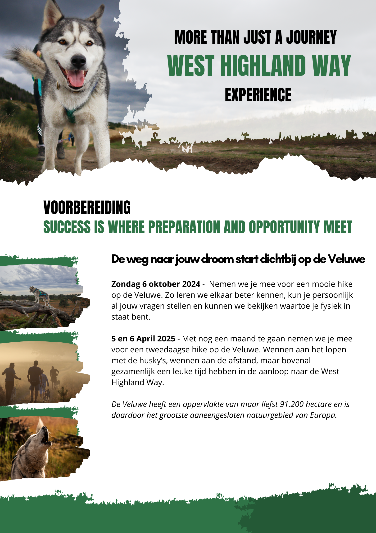 Poster: een husky, tekst over de West Highland Way, met onder andere de zinnen