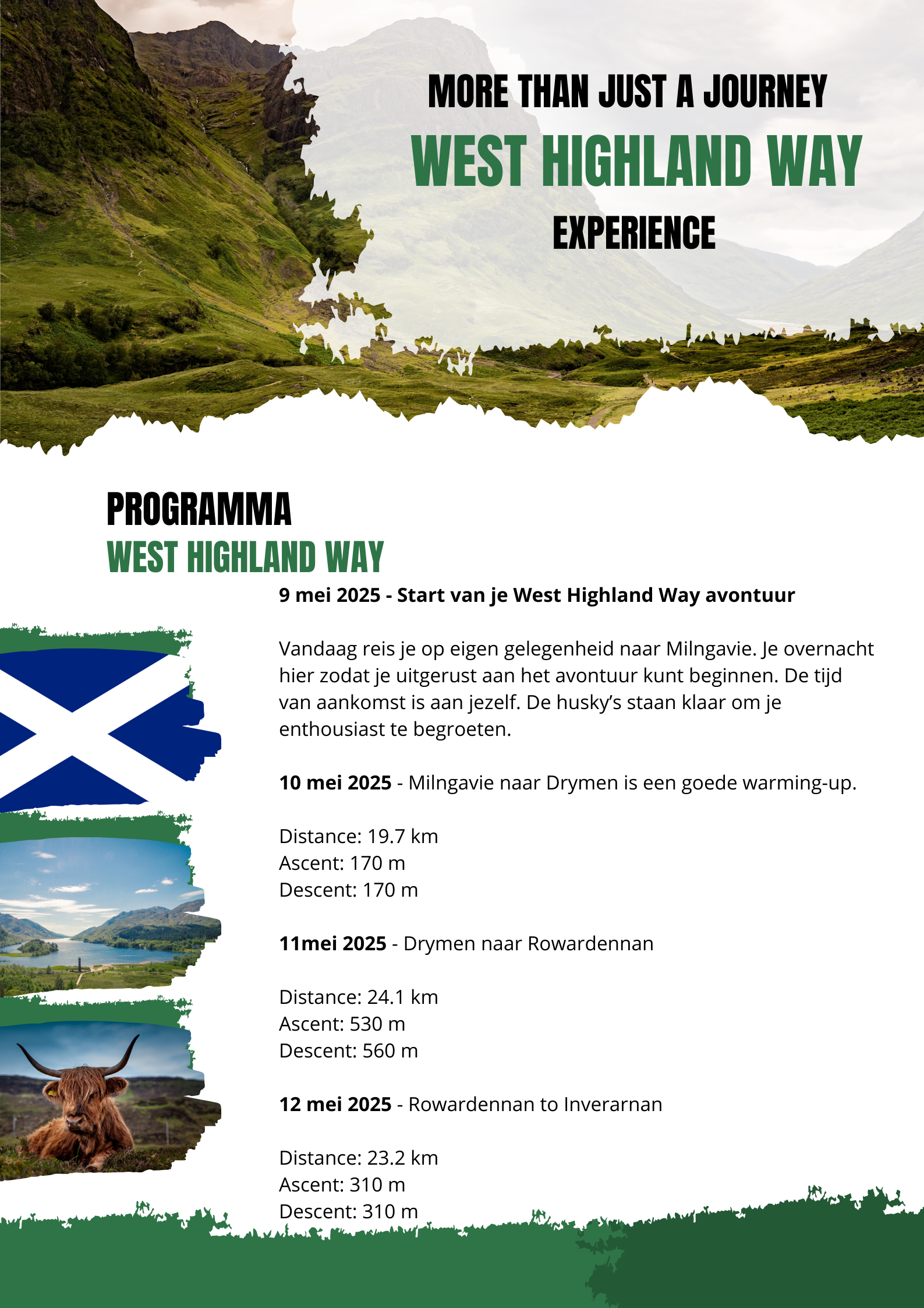 Poster: West Highland Way-ervaring. Schots landschap en vlag. Programmadetails met data en evenementen.
